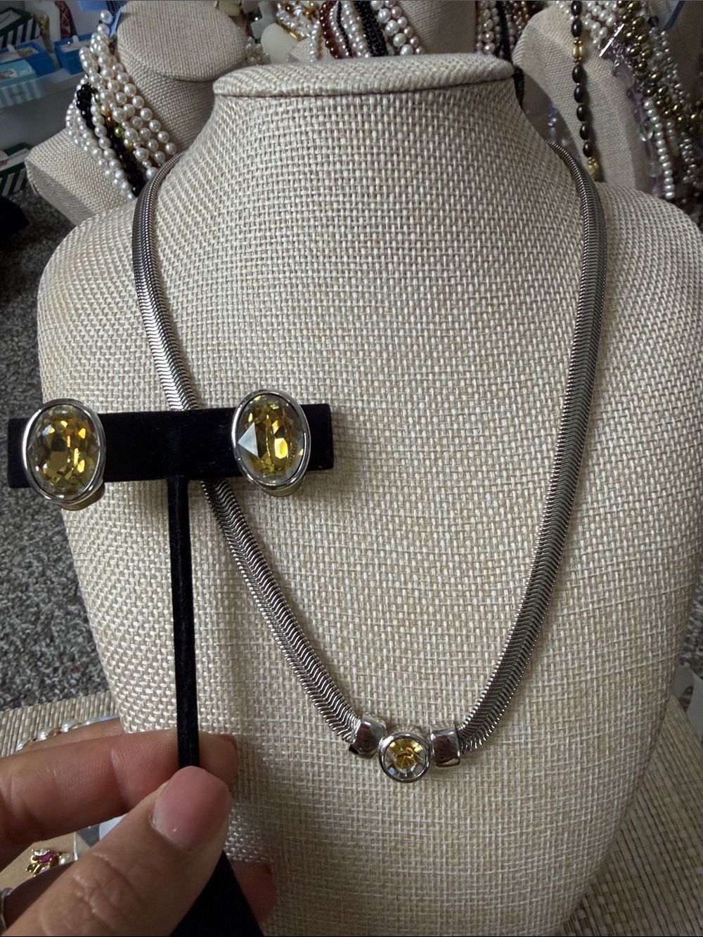 Dior Silver-Tone Necklace and Yellow Crystal Stud Earrings